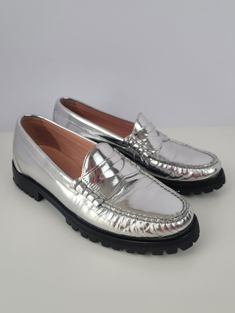 J. Crew Winona Chunky Lug Sole Penny Loafer Silver Metallic Leather Women's 8.5